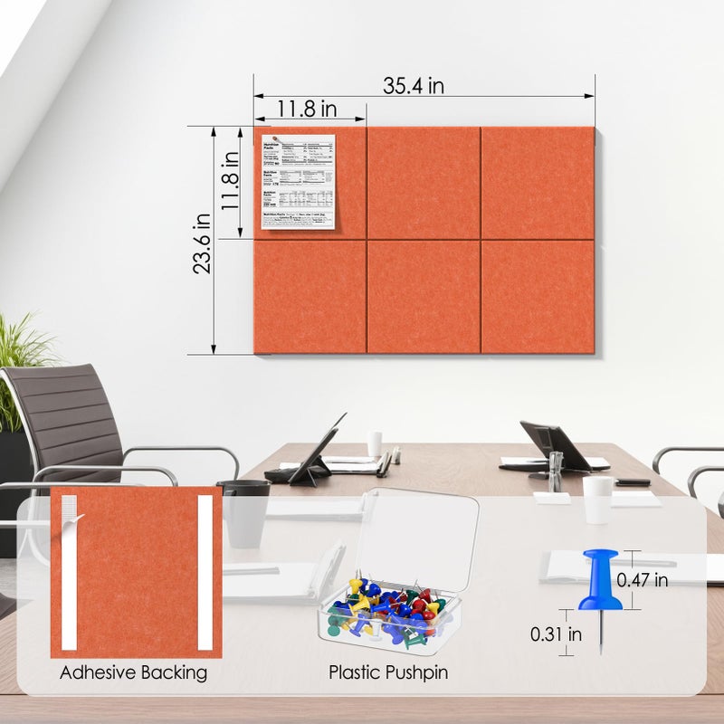 MaxGear Large Cork Board for Wall 36"" x 24"", Orange Bulletin Board, 6 Pack Felt Wall Tiles with Pushpins, Cork Boards for Office Push Pin Board Tack Board Felt Board - Image 5